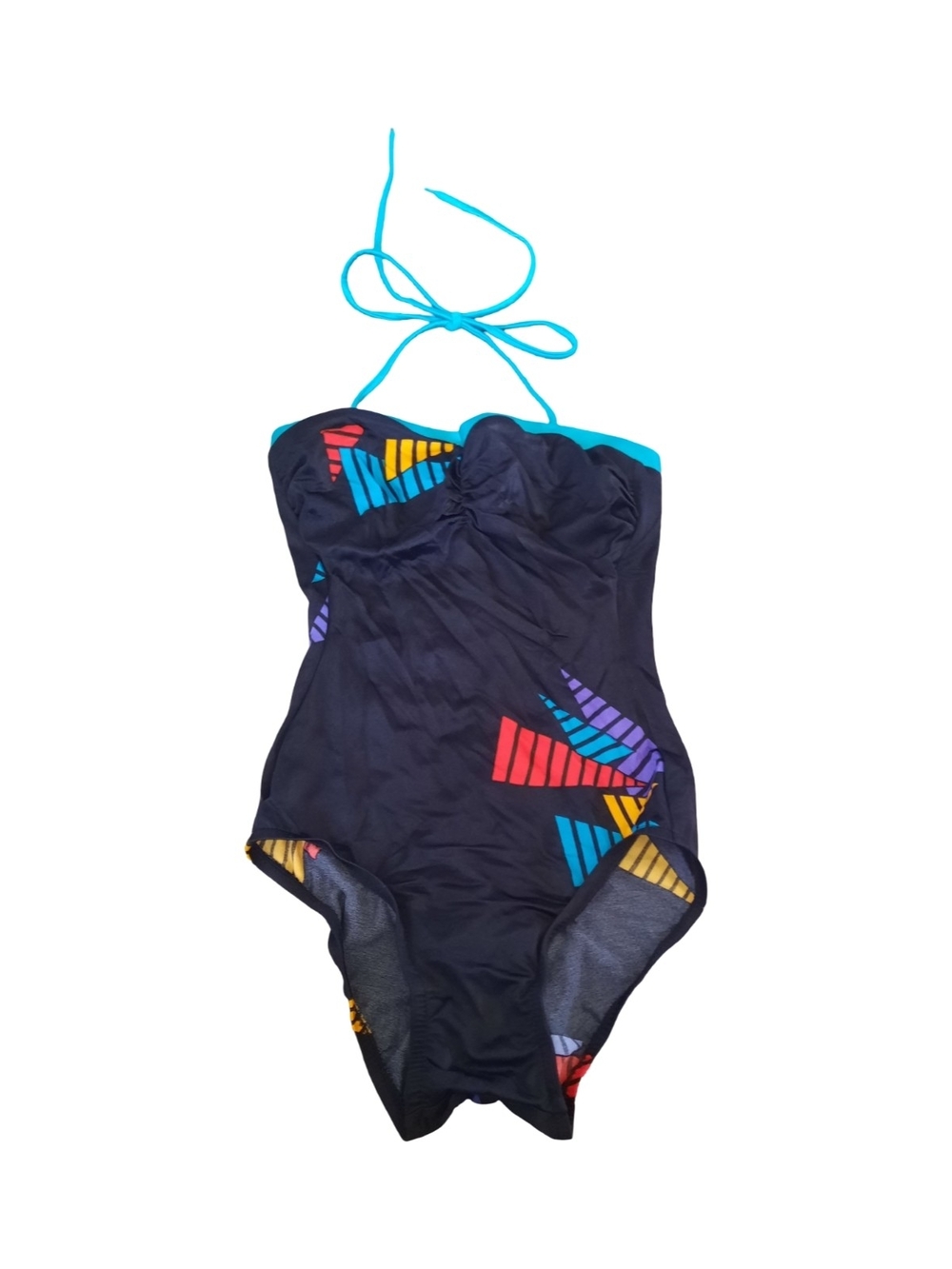 jcpenney Black One-Piece Swimsuit with Teal Halter and Bright Geo Accents